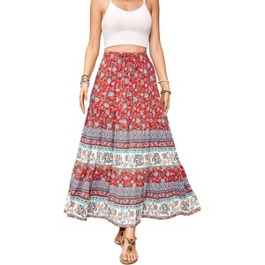 image:imageRVivimos Womens Summer Vintage Floral Print Boho Casual Ruffled Flowy Maxi SkirtAurorared