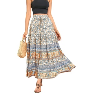 image:imageRVivimos Womens Summer Vintage Floral Print Boho Casual Ruffled Flowy Maxi SkirtBeige