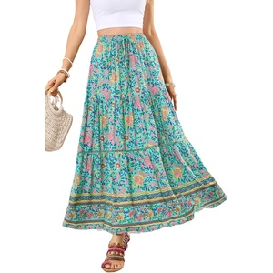 image:imageRVivimos Womens Summer Vintage Floral Print Boho Casual Ruffled Flowy Maxi SkirtGreen2