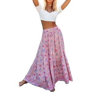 image:imageRVivimos Womens Summer Vintage Floral Print Boho Casual Ruffled Flowy Maxi SkirtPink