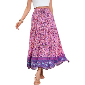 image:imageRVivimos Womens Summer Vintage Floral Print Boho Casual Ruffled Flowy Maxi SkirtPink2