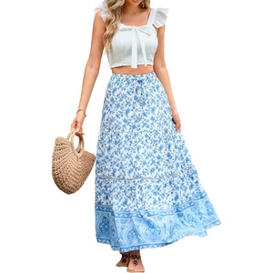 image:imageRVivimos Womens Summer Vintage Floral Print Boho Casual Ruffled Flowy Maxi SkirtWhiteblue