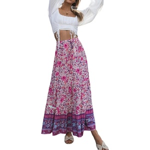 image:imageRVivimos Womens Summer Vintage Floral Print Boho Casual Ruffled Flowy Maxi SkirtWhitepink