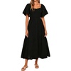 image:imageRVivimos Womens Summer Cotton Short Sleeve Square Neck Eyelet Embroidery Elastic Waist Casual ALine Tiered Flowy Midi DressBlack