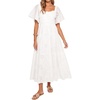image:imageRVivimos Womens Summer Cotton Short Sleeve Square Neck Eyelet Embroidery Elastic Waist Casual ALine Tiered Flowy Midi DressWhite