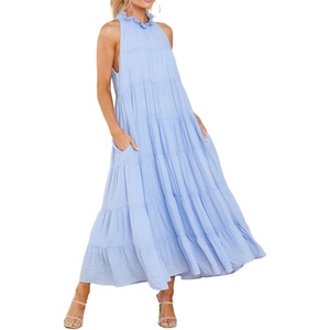 image:imageRVivimos Womens Summer Boho Ruffle Halter Sleeveless Mock Neck Tie Back Flowy Maxi Dress with PocketsSkyblue