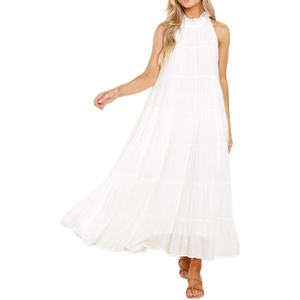 image:imageRVivimos Womens Summer Boho Ruffle Halter Sleeveless Mock Neck Tie Back Flowy Maxi Dress with PocketsWhite