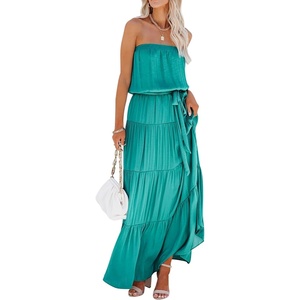 image:imageRVivimos Womens Summer Cotton Tube Strapless Casual Boho Sleeveless Maxi Dress with BeltTeal