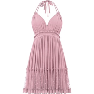 image:imageRVivimos Womens Summer Halter Deep V Neck Sexy Patchwork Mini Short DressesDusty Pink