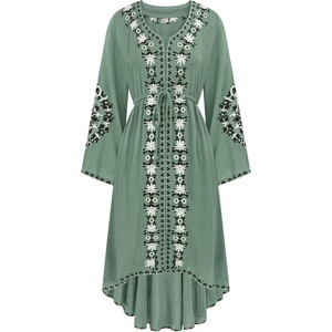 image:imageRVivimos Womens V Neck Bell Sleeve Vintage Floral Embroidered High Low Long DressesGreen