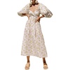 image:imageRVivimos Womens Summer Boho Cotton Puff Sleeve Dress Swiss Dots Lace Up Smocked Casual ALine Flowy Midi DressWhitefloral