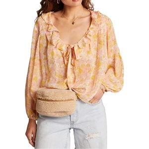 image:imageRVivimos Womens Chiffon Blouse Long Sleeve Ruffle VNeck Boho Floral Print Button Down Casual Loose Top ShirtYellow