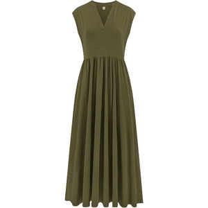 image:imageRVivimos Womens Summer 2026 Cotton Cap Sleeve V Neck Empire Waist Casual Midi Dress with PocketsArmy Green