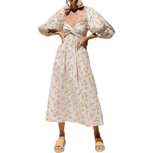 image:imageRVivimos Womens Summer Boho Cotton Puff Sleeve Dress Swiss Dots Lace Up Smocked Casual ALine Flowy Midi DressWhitefloral