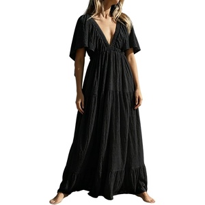 image:imageRVivimos Womens Summer Boho V Neck Short Sleeve Backless Loose Maxi Dress  Soft Flowy Fabric 2026 Vacation Beach Dress Casual Resort Wear Cruise OutfitsBlack