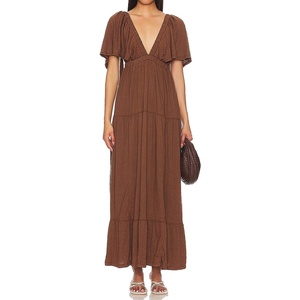 image:imageRVivimos Womens Summer Boho V Neck Short Sleeve Backless Loose Maxi Dress  Soft Flowy Fabric 2026 Vacation Beach Dress Casual Resort Wear Cruise OutfitsBrown