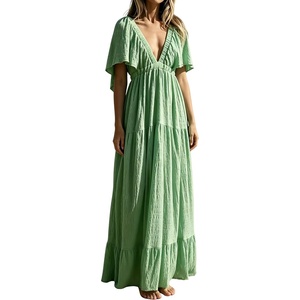image:imageRVivimos Womens Summer Boho V Neck Short Sleeve Backless Loose Maxi Dress  Soft Flowy Fabric 2026 Vacation Beach Dress Casual Resort Wear Cruise OutfitsGreen