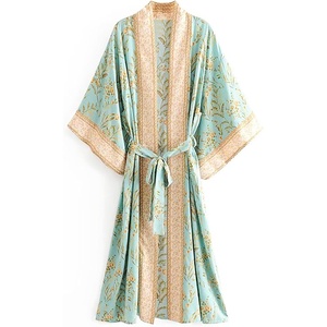 image:imageRVivimos Womens Vintage Floral Print Beach Boho Cardigan Kimono Maxi Swimwear Cover up Dress WrapAqua Green