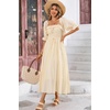 image:imageRVivimos Women Summer Cotton A Line Flowy Long Dresses  Half Sleeve Ruffled Vintage Elegant Smocked Backless Dress Maternity Shoot Baby Shower Casual Vacation OutfitsBeige2