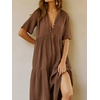image:imageRVivimos Womens Summer Cotton Casual Flowy Maxi Dress  Short Sleeve V Neck Empire Waist Boho Tiered Ruffle Beach Vacation Loose Long DressesBrown