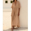 image:imageRVivimos Womens Summer Cotton Casual Flowy Maxi Dress  Short Sleeve V Neck Empire Waist Boho Tiered Ruffle Beach Vacation Loose Long DressesLight Khaki