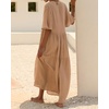 image:imageRVivimos Womens Summer Cotton Casual Flowy Maxi Dress  Short Sleeve V Neck Empire Waist Boho Tiered Ruffle Beach Vacation Loose Long DressesLight Khaki