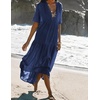 image:imageRVivimos Womens Summer Cotton Casual Flowy Maxi Dress  Short Sleeve V Neck Empire Waist Boho Tiered Ruffle Beach Vacation Loose Long DressesNavyblue