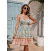 image:imageRVivimos Womens Summer Halter Deep V Neck Mini Short Dress  Sleeveless Adjustable Ties Patchwork Sexy Backless Boho Dress Casual Beach Vacation Cocktail Party OutfitsAquafloral