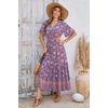 image:imageRVivimos Womens Summer V Neck Floral Print Boho Midi Dress  Short Sleeve Lightweight Breathable Material Button Up Tiered Ruffle Flowy Beach Dress Casual Daily Vacation Resort WearDarkpurple