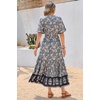 image:imageRVivimos Womens Summer V Neck Floral Print Boho Midi Dress  Short Sleeve Lightweight Breathable Material Button Up Tiered Ruffle Flowy Beach Dress Casual Daily Vacation Resort WearSmoke Black