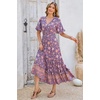 image:imageRVivimos Womens Summer V Neck Floral Print Boho Midi Dress  Short Sleeve Lightweight Breathable Material Button Up Tiered Ruffle Flowy Beach Dress Casual Daily Vacation Resort WearDarkpurple