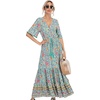 image:imageRVivimos Womens Summer V Neck Floral Print Boho Midi Dress  Short Sleeve Lightweight Breathable Material Button Up Tiered Ruffle Flowy Beach Dress Casual Daily Vacation Resort WearGreen2