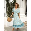 image:imageRVivimos Womens Summer V Neck Floral Print Boho Midi Dress  Short Sleeve Lightweight Breathable Material Button Up Tiered Ruffle Flowy Beach Dress Casual Daily Vacation Resort WearBlueturquoisefloral