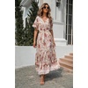 image:imageRVivimos Womens Summer V Neck Floral Print Boho Midi Dress  Short Sleeve Lightweight Breathable Material Button Up Tiered Ruffle Flowy Beach Dress Casual Daily Vacation Resort WearWhitepink