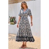 image:imageRVivimos Womens Summer V Neck Floral Print Boho Midi Dress  Short Sleeve Lightweight Breathable Material Button Up Tiered Ruffle Flowy Beach Dress Casual Daily Vacation Resort WearSmoke Black