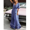 image:imageRVivimos Womens Summer V Neck Floral Print Boho Midi Dress  Short Sleeve Lightweight Breathable Material Button Up Tiered Ruffle Flowy Beach Dress Casual Daily Vacation Resort WearBlue