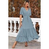 image:imageRVivimos Womens Summer V Neck Floral Print Boho Midi Dress  Short Sleeve Lightweight Breathable Material Button Up Tiered Ruffle Flowy Beach Dress Casual Daily Vacation Resort WearHazeblue