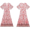 image:imageRVivimos Womens Summer V Neck Floral Print Boho Midi Dress  Short Sleeve Lightweight Breathable Material Button Up Tiered Ruffle Flowy Beach Dress Casual Daily Vacation Resort WearPinkfloral