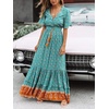 image:imageRVivimos Womens Summer V Neck Floral Print Boho Midi Dress  Short Sleeve Lightweight Breathable Material Button Up Tiered Ruffle Flowy Beach Dress Casual Daily Vacation Resort WearGreen