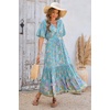 image:imageRVivimos Womens Summer V Neck Floral Print Boho Midi Dress  Short Sleeve Lightweight Breathable Material Button Up Tiered Ruffle Flowy Beach Dress Casual Daily Vacation Resort WearAqua Blue