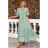 image:imageRVivimos Womens Summer V Neck Floral Print Boho Midi Dress  Short Sleeve Lightweight Breathable Material Button Up Tiered Ruffle Flowy Beach Dress Casual Daily Vacation Resort WearSagegreen