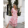 image:imageRVivimos Womens Summer V Neck Floral Print Boho Midi Dress  Short Sleeve Lightweight Breathable Material Button Up Tiered Ruffle Flowy Beach Dress Casual Daily Vacation Resort WearPinkfloral