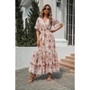 image:imageRVivimos Womens Summer V Neck Floral Print Boho Midi Dress  Short Sleeve Lightweight Breathable Material Button Up Tiered Ruffle Flowy Beach Dress Casual Daily Vacation Resort WearWhitepink