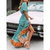 image:imageRVivimos Womens Summer V Neck Floral Print Boho Midi Dress  Short Sleeve Lightweight Breathable Material Button Up Tiered Ruffle Flowy Beach Dress Casual Daily Vacation Resort WearGreen