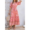 image:imageRVivimos Womens Summer V Neck Floral Print Boho Midi Dress  Short Sleeve Lightweight Breathable Material Button Up Tiered Ruffle Flowy Beach Dress Casual Daily Vacation Resort WearCoralpink