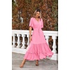 image:imageRVivimos Womens Summer V Neck Floral Print Boho Midi Dress  Short Sleeve Lightweight Breathable Material Button Up Tiered Ruffle Flowy Beach Dress Casual Daily Vacation Resort WearRosepink