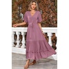 image:imageRVivimos Womens Summer V Neck Floral Print Boho Midi Dress  Short Sleeve Lightweight Breathable Material Button Up Tiered Ruffle Flowy Beach Dress Casual Daily Vacation Resort WearMauve