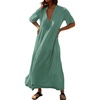 image:imageRVivimos Womens Summer Cotton Casual Flowy Maxi Dress  Short Sleeve V Neck Empire Waist Boho Tiered Ruffle Beach Vacation Loose Long DressesGreen