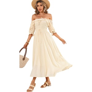 image:imageRVivimos Women Summer Cotton A Line Flowy Long Dresses  Half Sleeve Ruffled Vintage Elegant Smocked Backless Dress Maternity Shoot Baby Shower Casual Vacation OutfitsBeige2