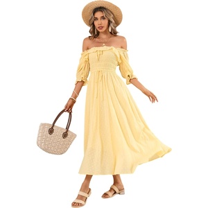 image:imageRVivimos Women Summer Cotton A Line Flowy Long Dresses  Half Sleeve Ruffled Vintage Elegant Smocked Backless Dress Maternity Shoot Baby Shower Casual Vacation OutfitsLightyellow2